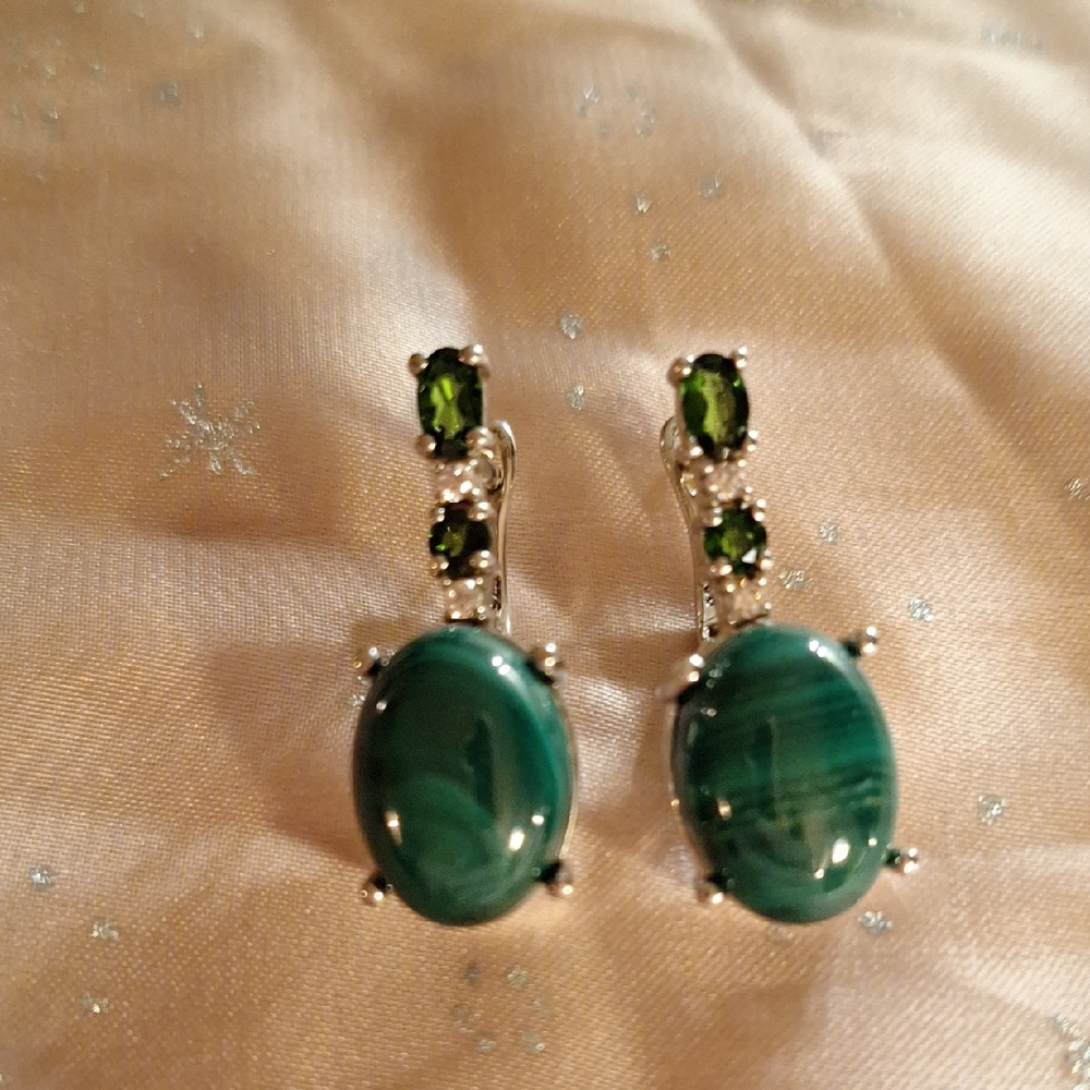 Genuine Malachite, Chrome Diopside, White Sapphire and Sterling Silver Earrings